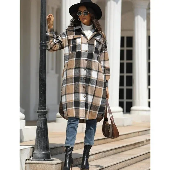 Women's Flannel Plaid Shacket Fall Oversized Long Button Down Shirt Jacket Shack